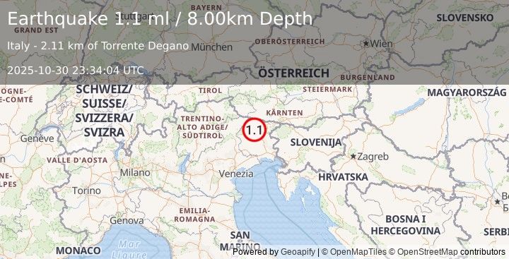 Earthquake NORTHERN ITALY (1.1 ml) (2025-10-30 23:34:04 UTC)
