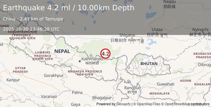 Earthquake WESTERN XIZANG (4.1 ml) (2025-10-30 23:46:26 UTC)