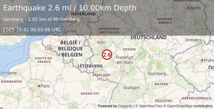 Earthquake GERMANY (2.6 ml) (2025-10-31 00:55:06 UTC)