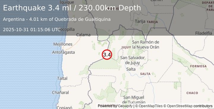 Earthquake SALTA, ARGENTINA (3.4 ml) (2025-10-31 01:15:06 UTC)