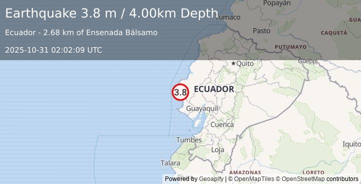 Earthquake NEAR COAST OF ECUADOR (3.9 ml) (2025-10-31 02:02:05 UTC)
