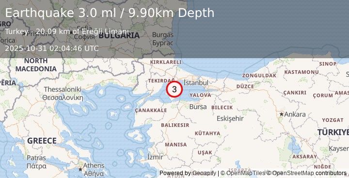 Earthquake WESTERN TURKEY (3.0 ml) (2025-10-31 02:04:46 UTC)