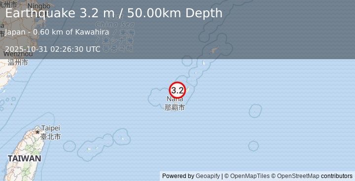 Earthquake RYUKYU ISLANDS, JAPAN (3.2 m) (2025-10-31 02:26:30 UTC)