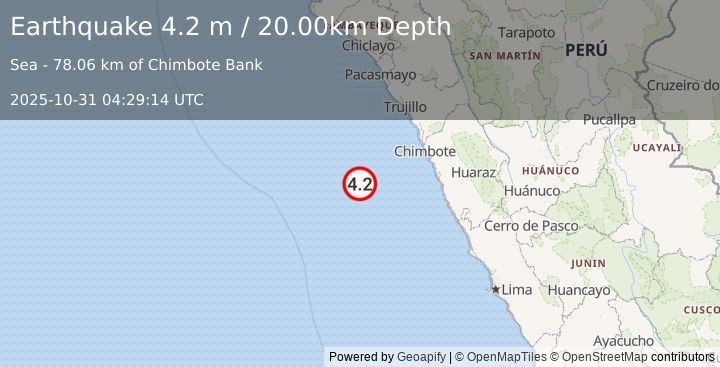 Earthquake OFF COAST OF NORTHERN PERU (4.2 m) (2025-10-31 04:29:14 UTC)