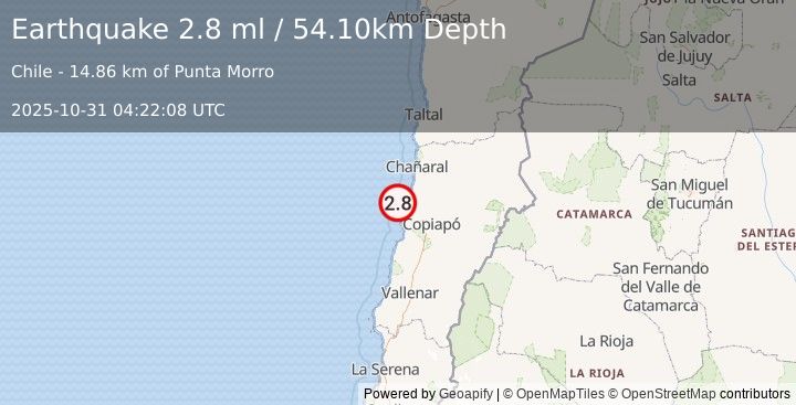Earthquake OFFSHORE ATACAMA, CHILE (2.8 ml) (2025-10-31 04:22:08 UTC)