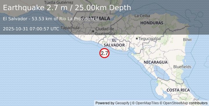 Earthquake OFFSHORE EL SALVADOR (2.7 m) (2025-10-31 07:00:57 UTC)