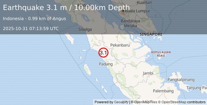 Earthquake SOUTHERN SUMATRA, INDONESIA (3.1 m) (2025-10-31 07:13:59 UTC)