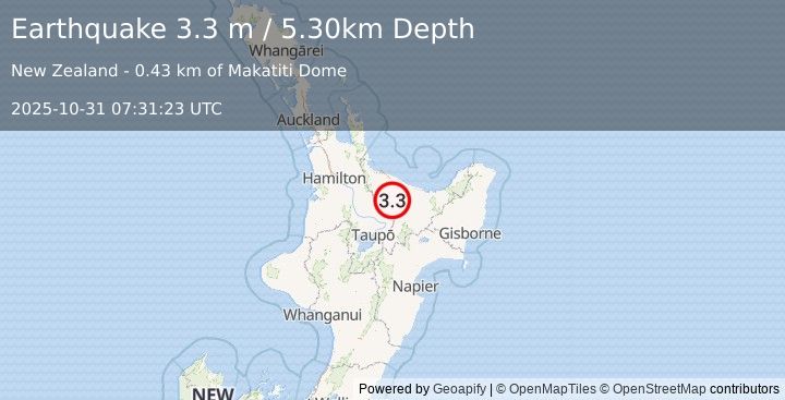 Earthquake NORTH ISLAND OF NEW ZEALAND (3.3 m) (2025-10-31 07:31:23 UTC)
