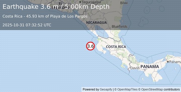 Earthquake OFF COAST OF COSTA RICA (3.6 m) (2025-10-31 07:32:52 UTC)