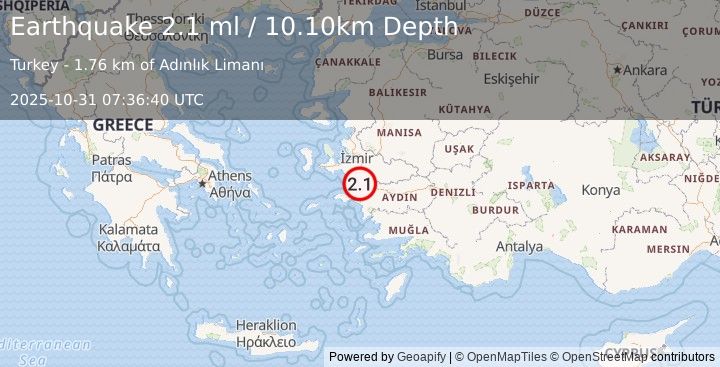 Earthquake WESTERN TURKEY (2.1 ml) (2025-10-31 07:36:40 UTC)
