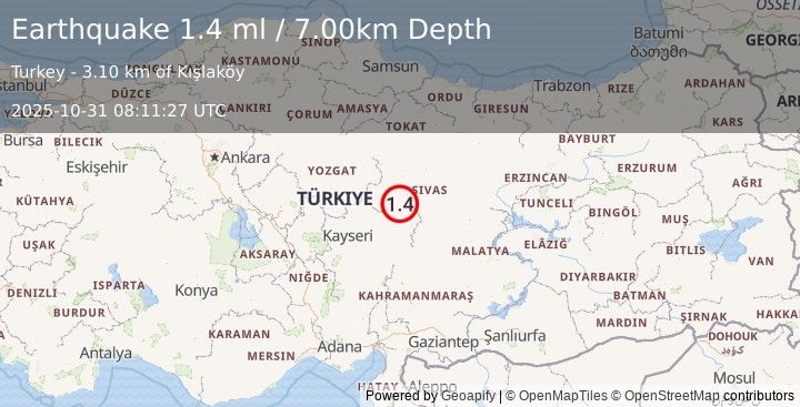 Earthquake CENTRAL TURKEY (1.4 ml) (2025-10-31 08:11:27 UTC)