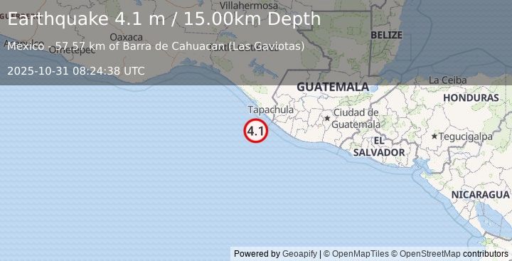 Earthquake OFFSHORE CHIAPAS, MEXICO (4.1 m) (2025-10-31 08:24:38 UTC)