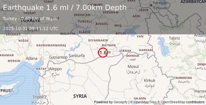 Earthquake EASTERN TURKEY (1.6 ml) (2025-10-31 09:11:12 UTC)