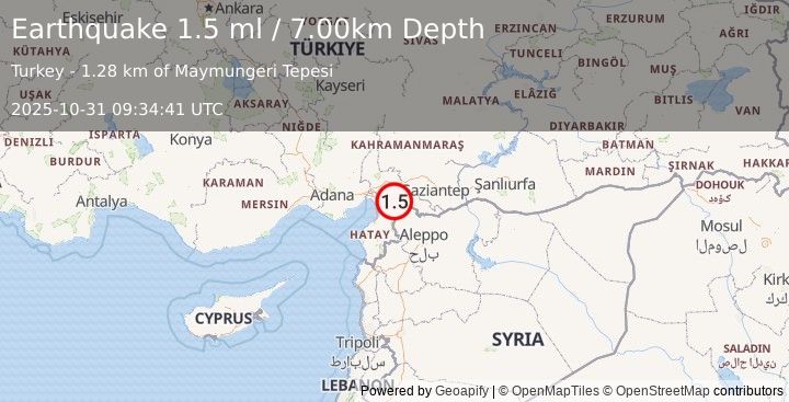 Earthquake TURKEY-SYRIA BORDER REGION (1.5 ml) (2025-10-31 09:34:41 UTC)