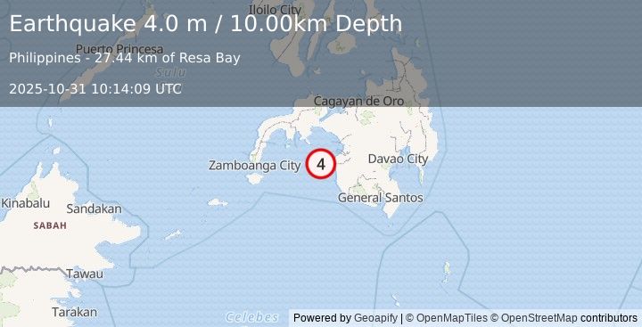 Earthquake MORO GULF, MINDANAO, PHILIPPINES (4.0 m) (2025-10-31 10:14:09 UTC)