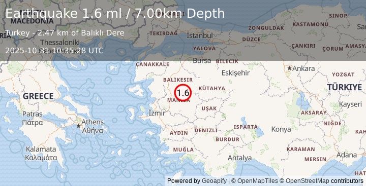 Earthquake WESTERN TURKEY (1.6 ml) (2025-10-31 10:35:28 UTC)