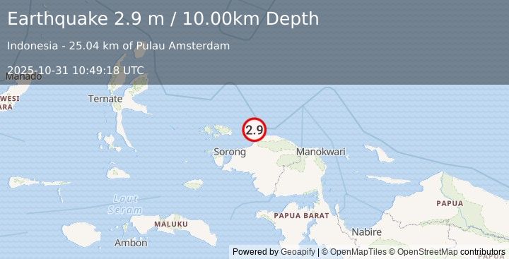 Earthquake NEAR N COAST OF PAPUA, INDONESIA (2.9 m) (2025-10-31 10:49:18 UTC)