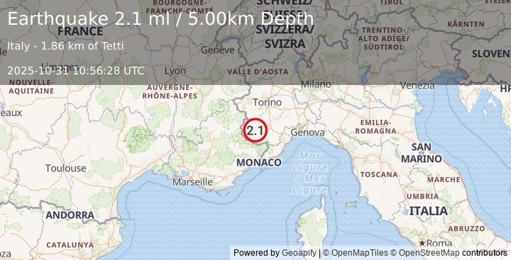 Earthquake NORTHERN ITALY (2.2 ml) (2025-10-31 10:56:27 UTC)
