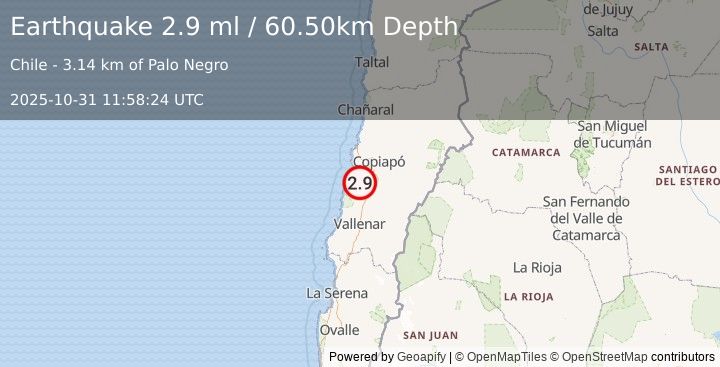 Earthquake ATACAMA, CHILE (2.9 ml) (2025-10-31 11:58:24 UTC)