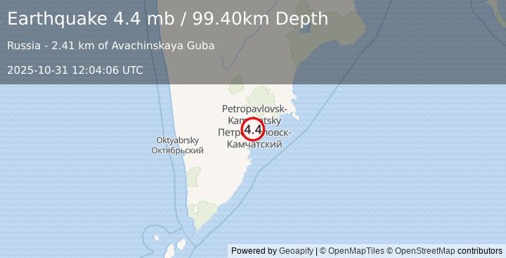 Earthquake NEAR EAST COAST OF KAMCHATKA (4.4 mb) (2025-10-31 12:04:06 UTC)