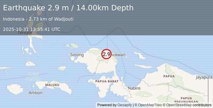 Earthquake NEAR N COAST OF PAPUA, INDONESIA (2.9 m) (2025-10-31 13:55:41 UTC)
