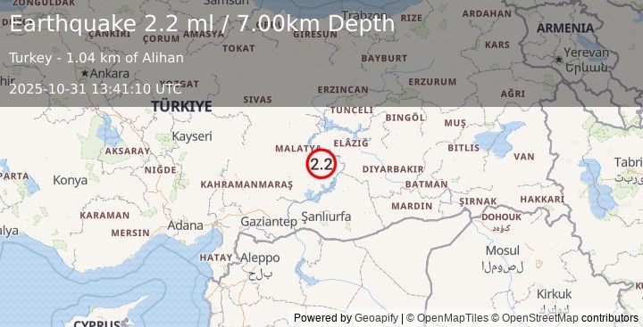 Earthquake EASTERN TURKEY (2.2 ml) (2025-10-31 13:41:10 UTC)