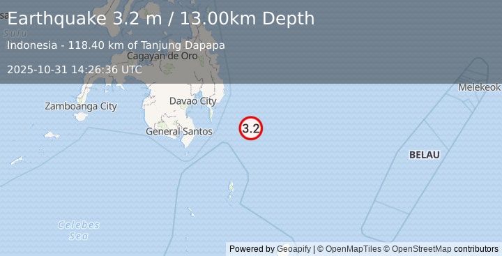 Earthquake PHILIPPINE ISLANDS REGION (3.2 m) (2025-10-31 14:26:36 UTC)