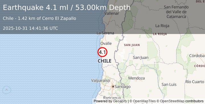 Earthquake OFFSHORE COQUIMBO, CHILE (4.1 ml) (2025-10-31 14:41:26 UTC)
