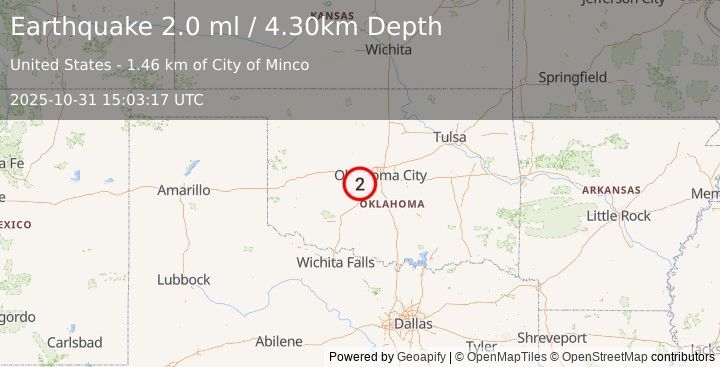 Earthquake OKLAHOMA (2.0 ml) (2025-10-31 15:03:17 UTC)
