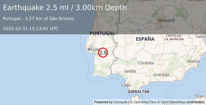 Earthquake PORTUGAL (2.5 ml) (2025-10-31 15:13:41 UTC)