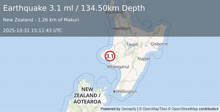 Earthquake NORTH ISLAND OF NEW ZEALAND (3.1 ml) (2025-10-31 15:11:43 UTC)