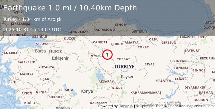 Earthquake CENTRAL TURKEY (1.0 ml) (2025-10-31 15:13:07 UTC)