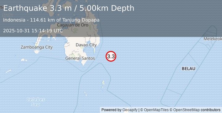 Earthquake PHILIPPINE ISLANDS REGION (3.3 m) (2025-10-31 15:14:19 UTC)