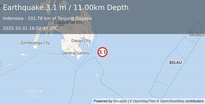Earthquake PHILIPPINE ISLANDS REGION (3.1 m) (2025-10-31 16:02:42 UTC)