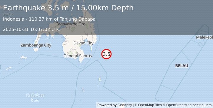 Earthquake PHILIPPINE ISLANDS REGION (3.5 m) (2025-10-31 16:07:02 UTC)