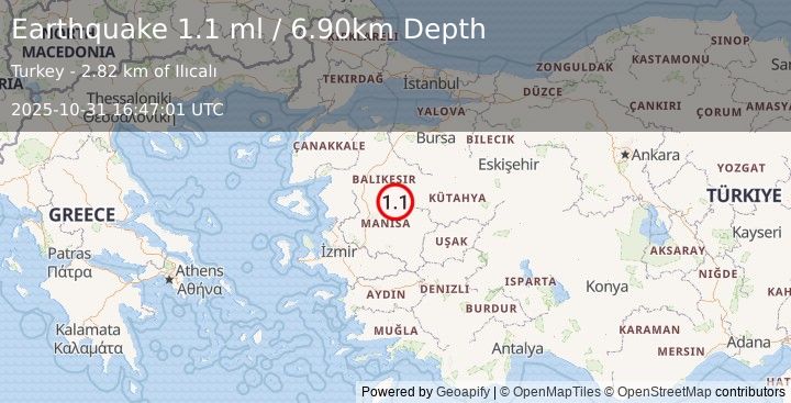Earthquake WESTERN TURKEY (1.1 ml) (2025-10-31 16:47:01 UTC)