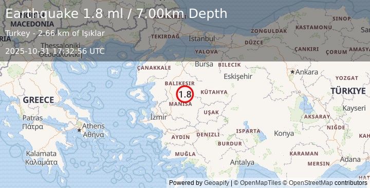 Earthquake WESTERN TURKEY (1.8 ml) (2025-10-31 17:32:56 UTC)