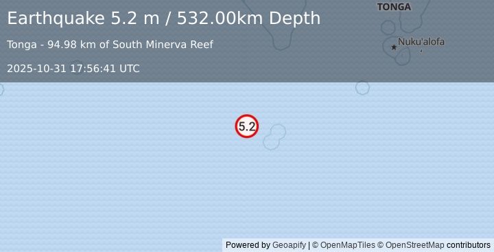 Earthquake SOUTH OF FIJI ISLANDS (5.4 mw) (2025-10-31 17:56:40 UTC)
