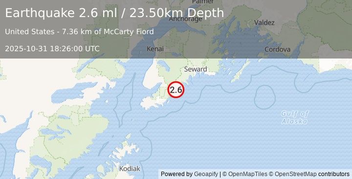 Earthquake KENAI PENINSULA, ALASKA (2.6 ml) (2025-10-31 18:26:00 UTC)