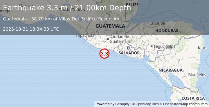 Earthquake OFFSHORE GUATEMALA (3.3 m) (2025-10-31 18:34:33 UTC)