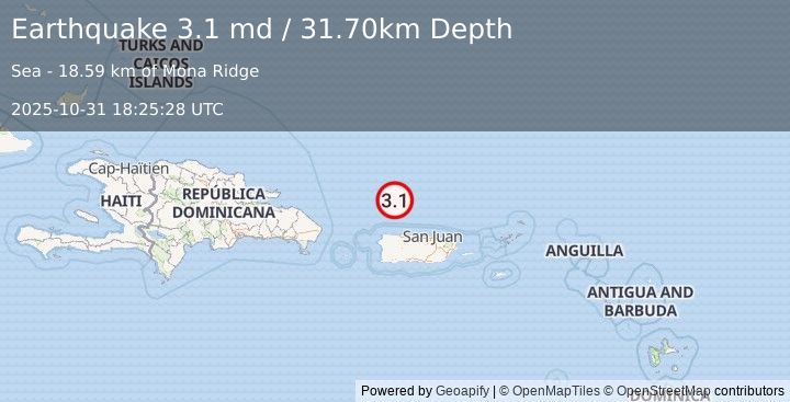 Earthquake PUERTO RICO REGION (3.1 md) (2025-10-31 18:25:28 UTC)