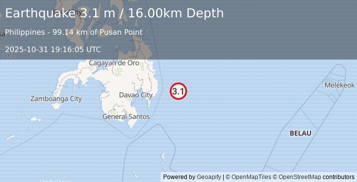 Earthquake PHILIPPINE ISLANDS REGION (3.1 m) (2025-10-31 19:16:05 UTC)