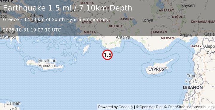 Earthquake EASTERN MEDITERRANEAN SEA (1.5 ml) (2025-10-31 19:07:10 UTC)