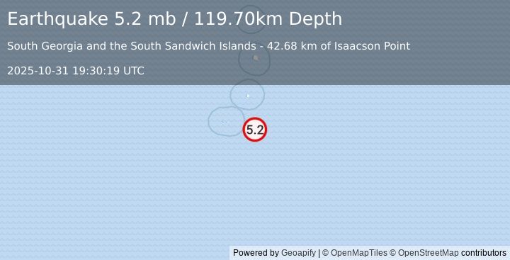 Earthquake SOUTH SANDWICH ISLANDS REGION (5.2 mb) (2025-10-31 19:30:19 UTC)