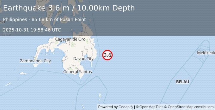 Earthquake PHILIPPINE ISLANDS REGION (3.6 m) (2025-10-31 19:58:46 UTC)