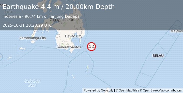 Earthquake PHILIPPINE ISLANDS REGION (4.4 m) (2025-10-31 20:28:29 UTC)