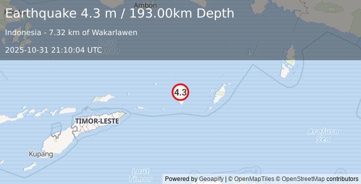 Earthquake KEPULAUAN BABAR, INDONESIA (4.3 m) (2025-10-31 21:10:04 UTC)