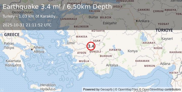 Earthquake WESTERN TURKEY (3.4 ml) (2025-10-31 21:11:52 UTC)