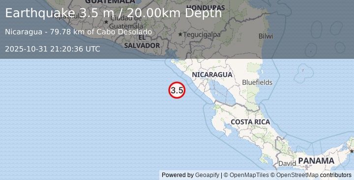 Earthquake NEAR COAST OF NICARAGUA (3.5 m) (2025-10-31 21:20:36 UTC)
