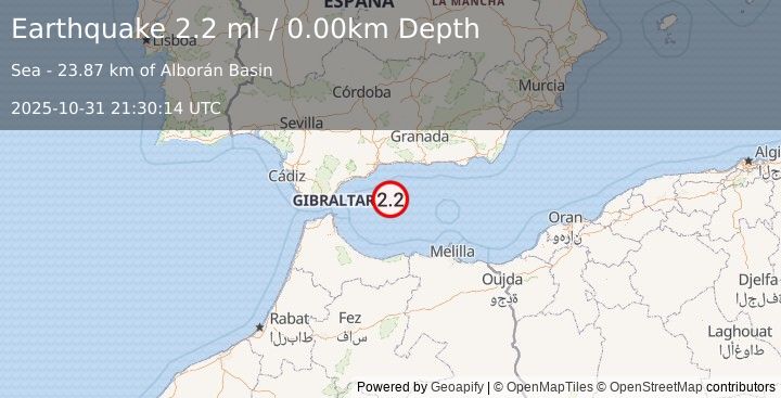 Earthquake STRAIT OF GIBRALTAR (2.2 ml) (2025-10-31 21:30:14 UTC)